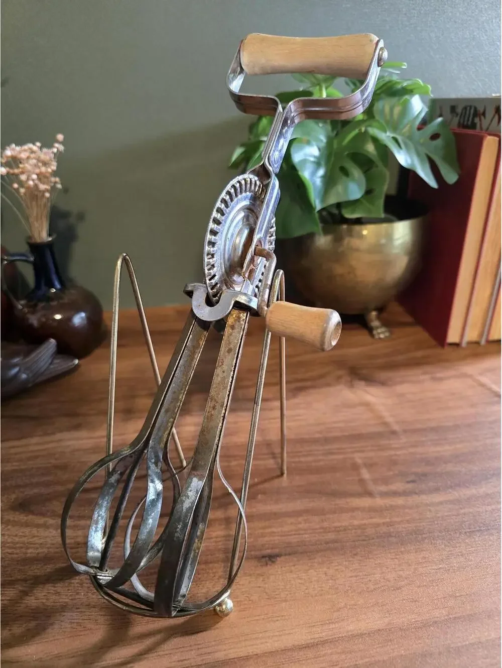 Vintage Rotary Hand Mixer / Egg Beater with Wooden Handles & Display Stand